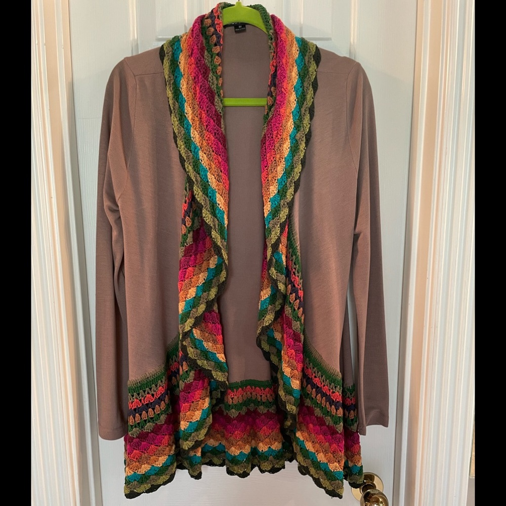 Beautiful brown soft knit sweater with crochet detail at hem and neckline